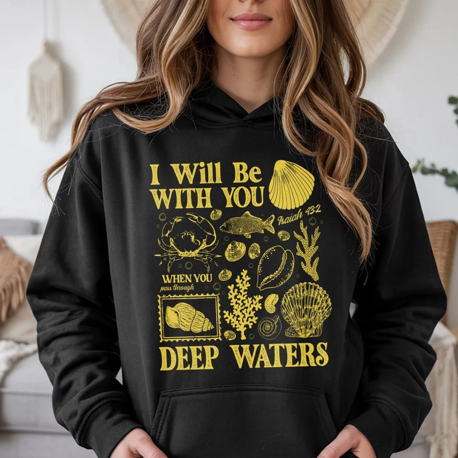 Isaiah 43:2 Christian Hoodie | Deep Waters Seashell Ocean Graphic | Premium Unisex Sweatshirt | Spiritual Bible Verse Faith Gift