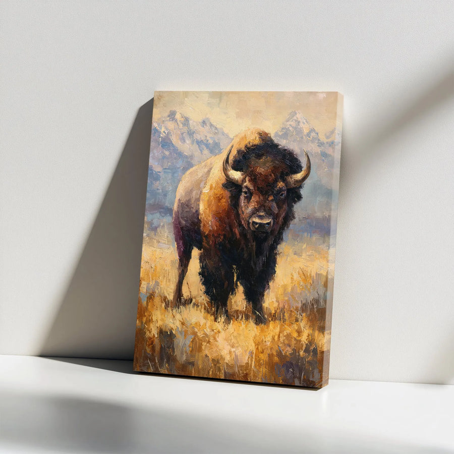 American Bison Vertical Canvas | Painterly Buffalo & Mountain Landscape | Thick Gallery Wrapped Canvas | Rustic Western Home Decor Gift