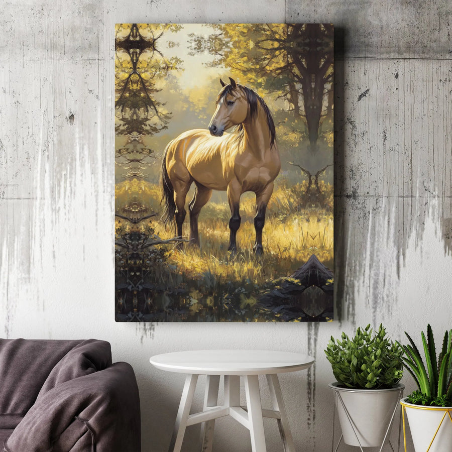 Majestic Horse Canvas Wall Art | Sunlit Autumn Forest Oil Painting Style | Premium Gallery Wrap Decor | Equestrian Home Gift for Nature Lovers