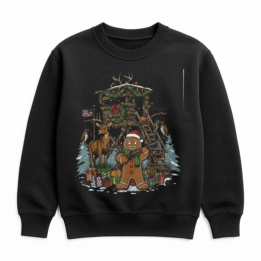 Gingerbread Man Hunting Sweatshirt | Funny Deer Hunter Christmas Cabin Scene | Premium Cotton Blend | Unisex Holiday Gift for Outdoor Enthusiast