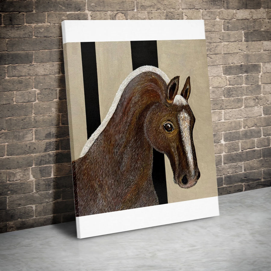 Brown Horse Portrait Canvas Print | Realistic Equestrian Wall Art with Striped Background | Premium Gallery Wrapped Canvas | Farmhouse Decor Gift for Horse Lover
