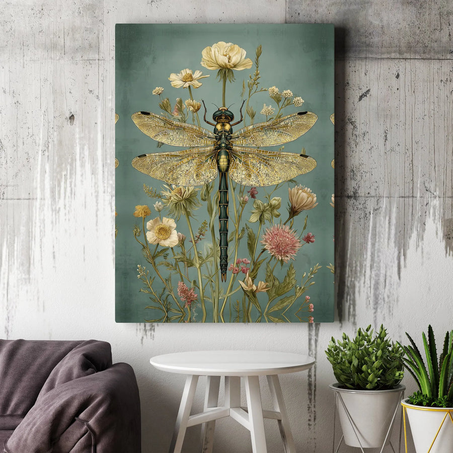 Dragonfly Wall Art Canvas Print | Vintage Botanical Illustration with Wildflowers | Premium Frameless Canvas | Nature Lover Home Decor Gift
