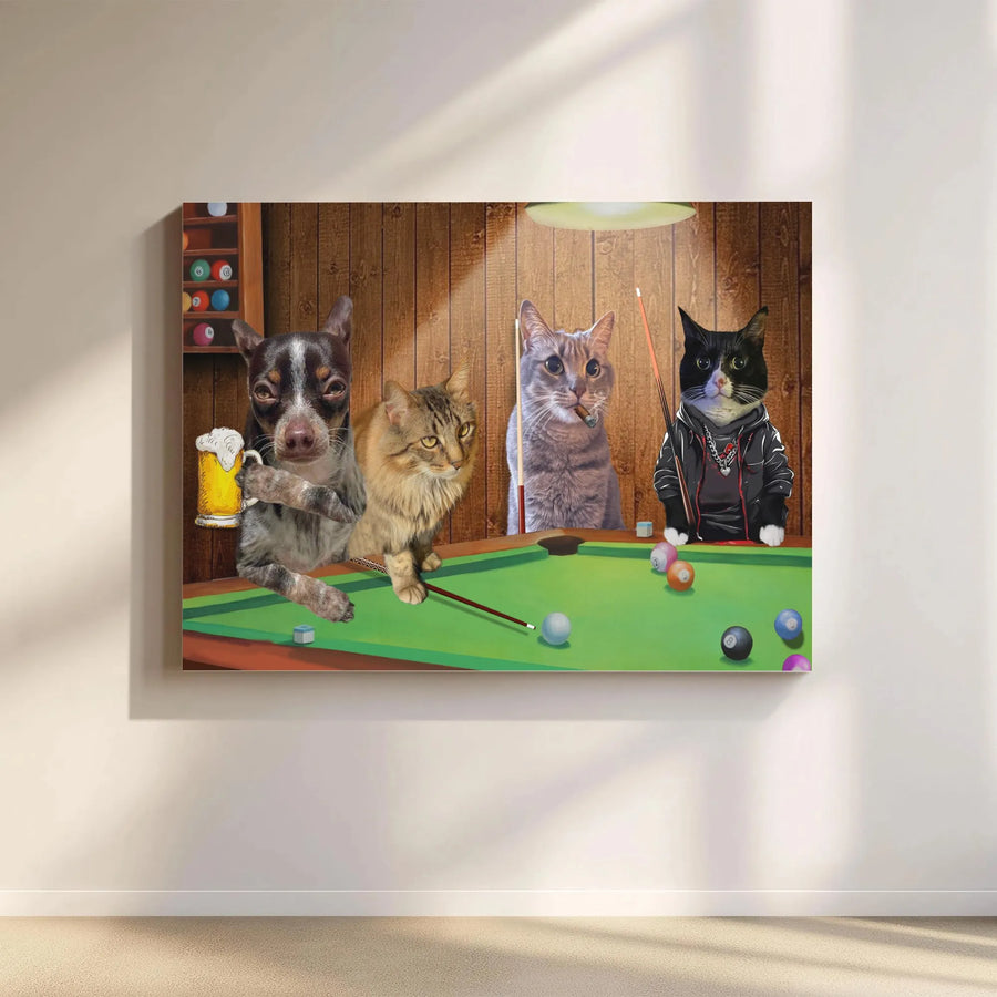 Dogs and Cats Playing Pool Canvas | Funny Billiards Room Art | Gallery Wrap Premium Print | Unique Gift for Animal Lovers