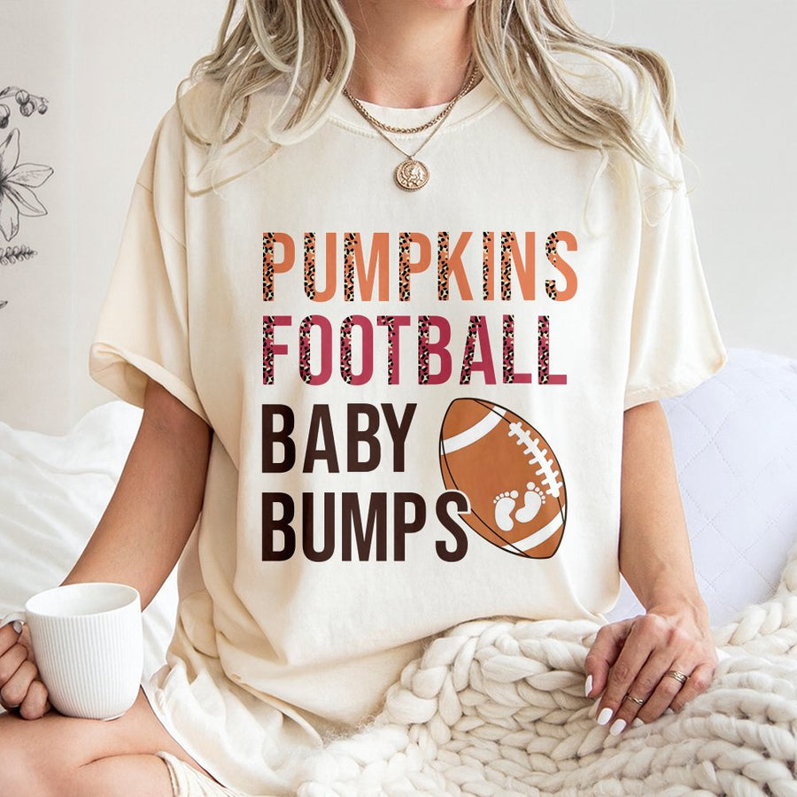 Pumpkins Football Baby Bumps Shirt | Fall Pregnancy Announcement Graphic | 100% Premium Cotton Tee | Cute Thanksgiving Baby Reveal Gift for Mom