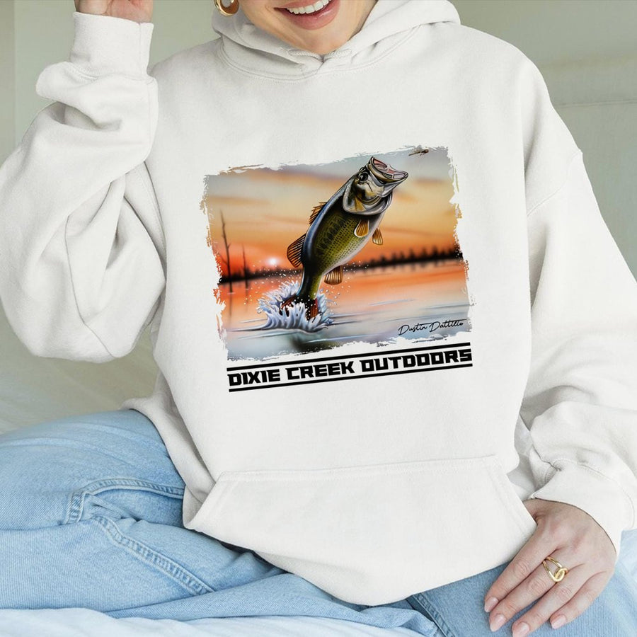 Bass Fishing Hoodie | Dixie Creek Outdoors Sunset Graphic | Premium Cotton Blend | Gift for Anglers and Fishing Enthusiasts