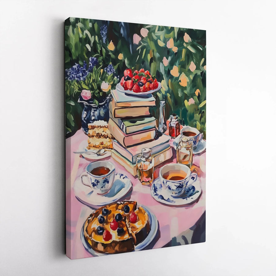 Afternoon Tea Garden Wall Art | Still Life Books and Berries Painting | Premium Gallery Wrap Canvas | Cozy Cottagecore Home Decor Gift