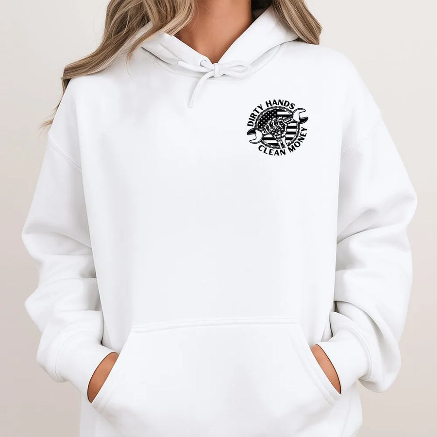 Dirty Hands Clean Money Hoodie | Blue Collar Skull Emblem | Premium Cotton Blend Sweatshirt | Gift for Mechanic or Tradesman