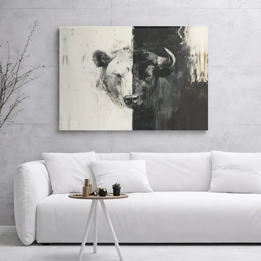 Bull And Bear Canvas Art | Split Face Stock Market Wall Decor | Premium 1.25" Gallery Wrap | Trading Office Gift For Investors