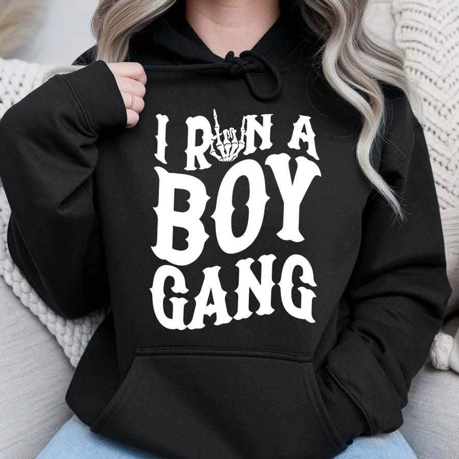 I Run A Boy Gang Hoodie | Skeleton Hand Graphic Statement Top | Soft Cotton Blend Unisex Pullover | Funny Gift For Boy Moms And Dads