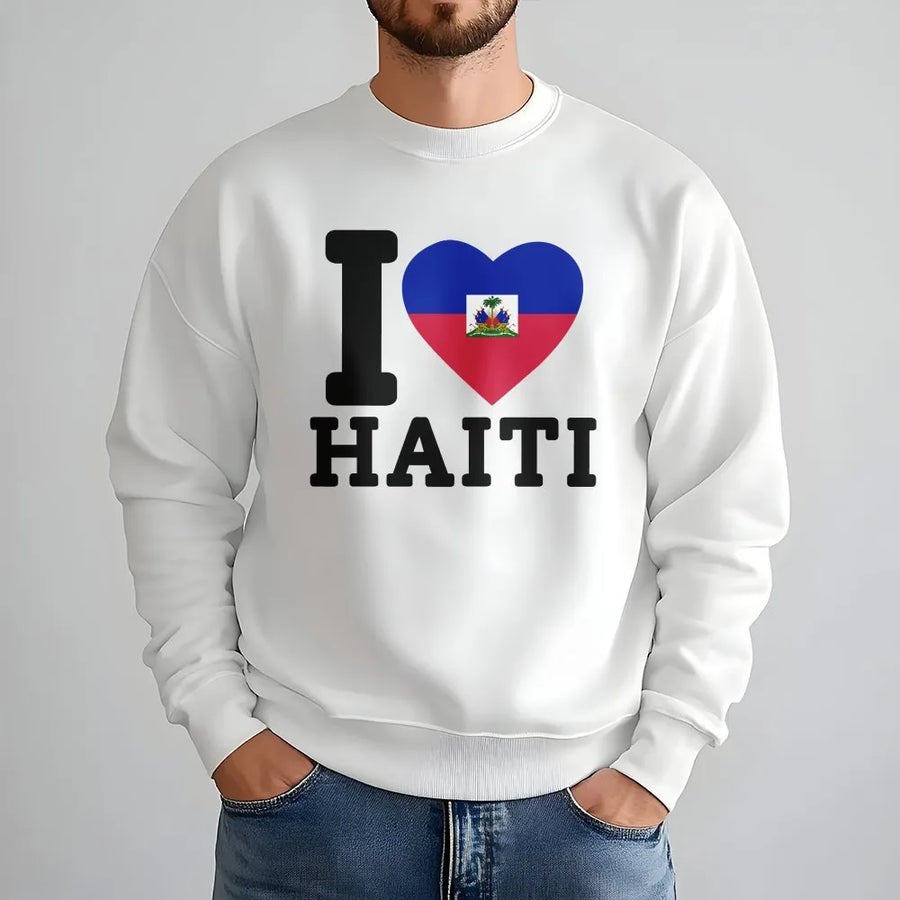 Haitian Pride Sweatshirt | I Love Haiti Flag Heart Graphic | Soft Cotton Tee | Caribbean Heritage Gift for Haitian American