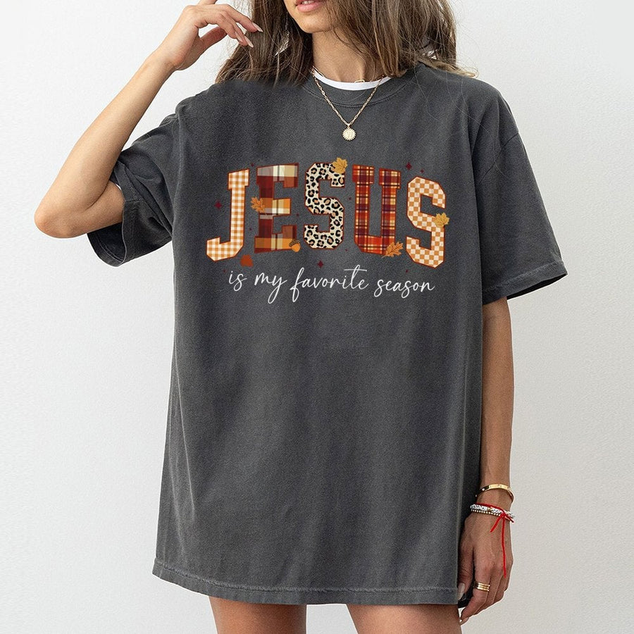 Jesus Is My Favorite Season T-Shirt | Fall Plaid Leopard Print Graphic | Premium Soft Cotton | Christian Faith Gift for Women & Men