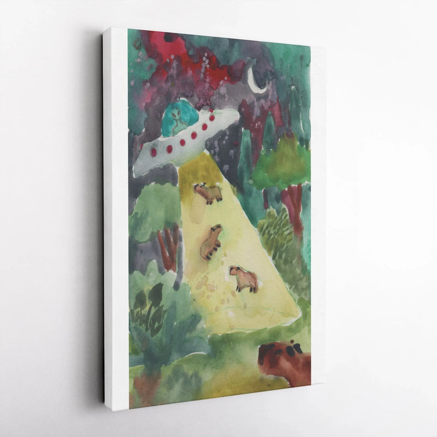 Funny Capybara UFO Wall Art | Watercolor Alien Abduction Painting Print | Premium Gallery Canvas | Unique Weirdcore Decor Gift for Sci-Fi Lover
