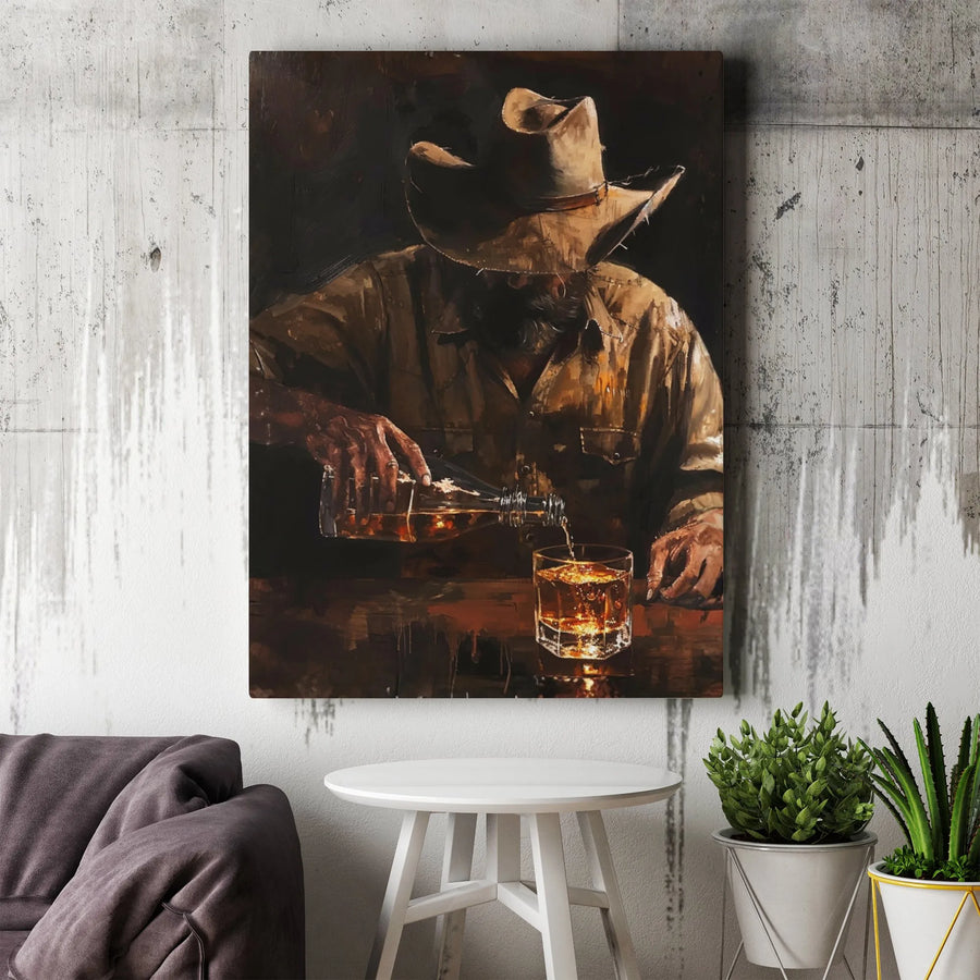 Cowboy Whiskey Canvas Wall Art | Rustic Man Pouring Bourbon Painting | Thick Gallery Wrapped Canvas | Man Cave Decor Gift for Him