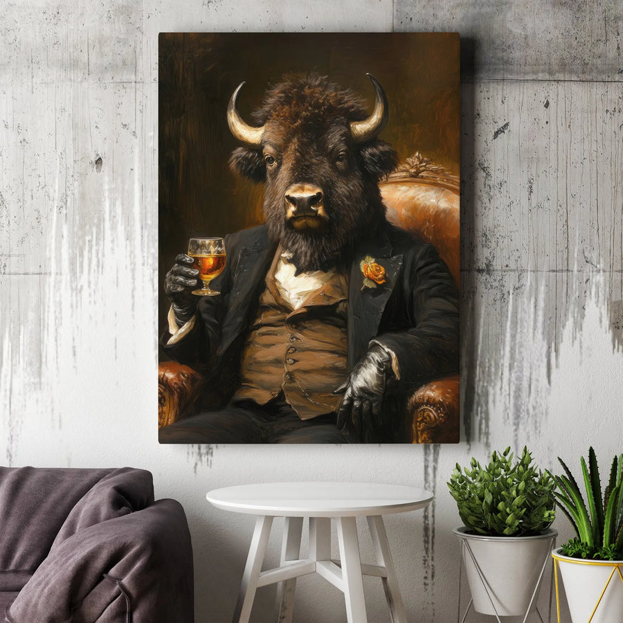 Distinguished Bison Wall Art | Gentleman Buffalo in Suit with Whiskey Glass | Premium Gallery-Wrapped Canvas Print | Sophisticated Home Office Decor