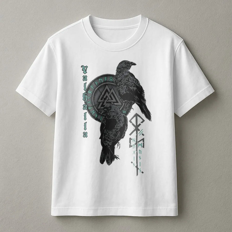 Valhalla Viking T-Shirt | Norse Crow and Rune Symbol Graphic | Premium Soft Cotton Tee | Unique Mythology Gift for Men and Women