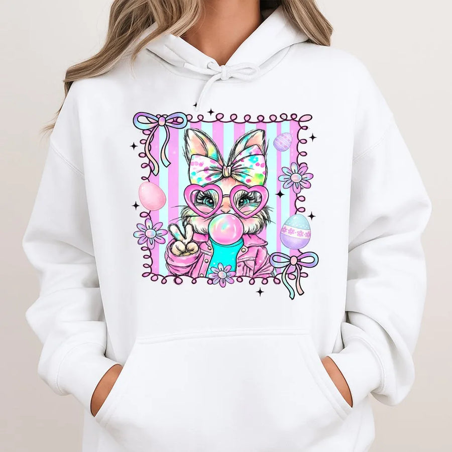 Easter Bunny Hoodie | Cute Bubble Gum Rabbit With Peace Sign Graphic | Premium Cotton Blend | Funny Spring Holiday Gift For Women And Kids
