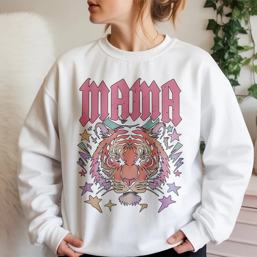 Mama Tiger Sweatshirt | Retro Graphic Rocker Style | Premium Cotton Blend Pullover | Gift for Cool Mom