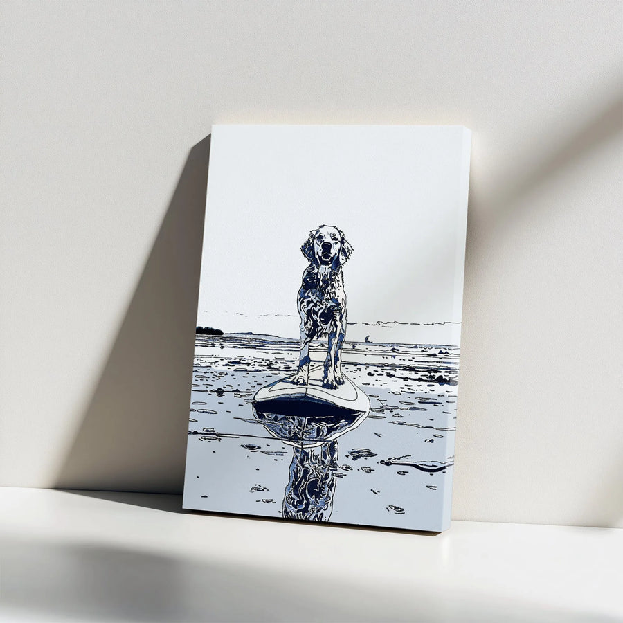 Golden Retriever Surfing Canvas Art | Modern Abstract Dog Portrait | Premium 1.25-Inch Gallery Wrap | Coastal Wall Decor Gift for Dog Lovers