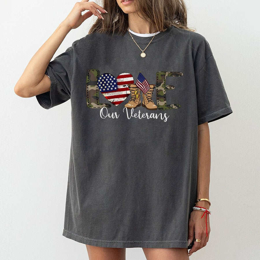 Love Our Veterans T-Shirt | Patriotic American Flag Camo Military Graphic | 100% Cotton Unisex Tee | Gift for Soldiers & Military Families