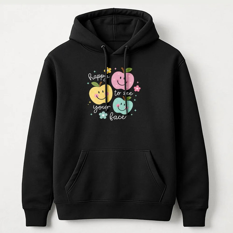 Teacher Hoodie | Happy To See Your Face Cute Apples Graphic | Premium Cotton Blend | Gift for Elementary Teacher Back to School