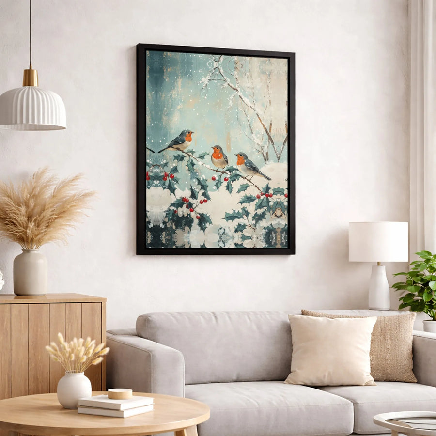 Winter Robin Canvas Wall Art | Snowy Holly Branch Christmas Painting | Premium Fade-Resistant Gallery Wrap | Festive Holiday Home Decor Gift