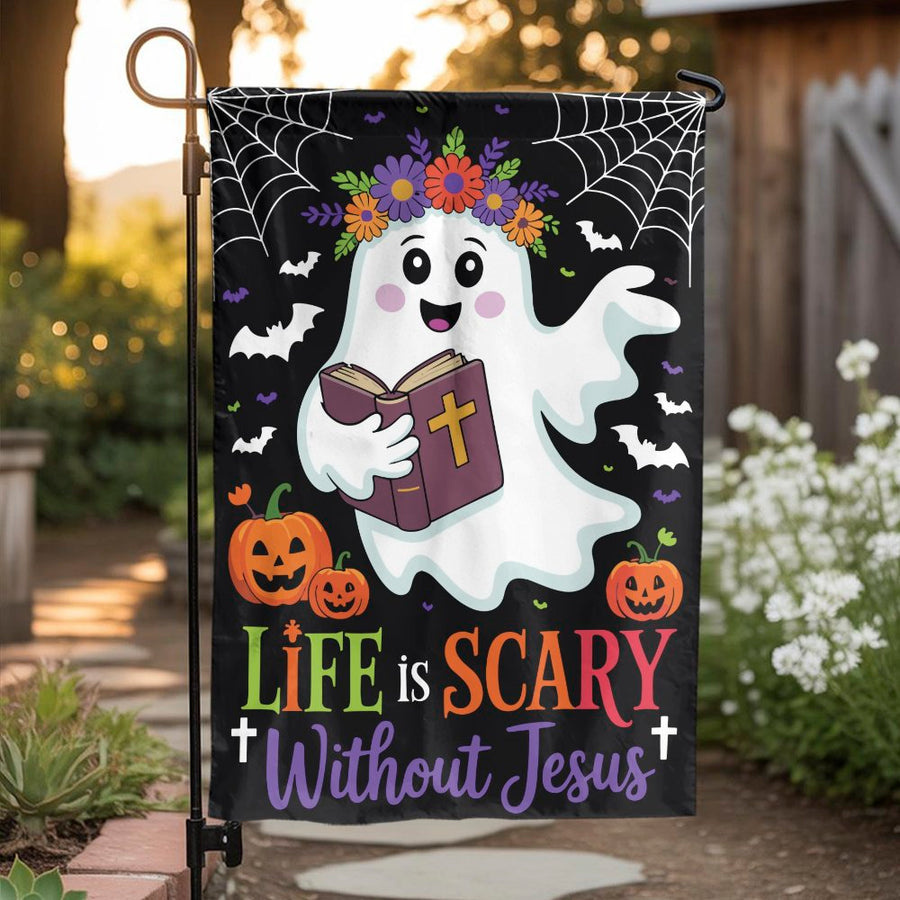 Life Is Scary Without Jesus Garden Flag | Cute Christian Ghost Pumpkin Design | Premium Weather-Resistant Polyester | Faith-Based Halloween Outdoor Decor