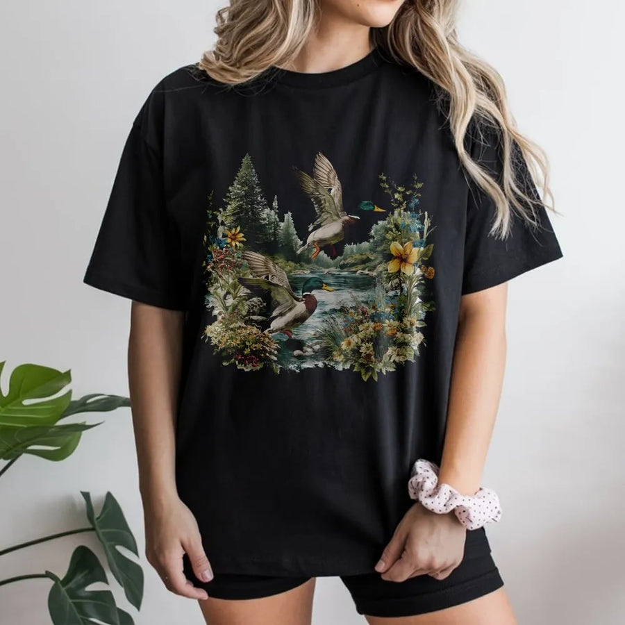 Mallard Duck T-Shirt | Vintage Nature Forest Scene | Premium Soft Cotton Graphic Tee | Bird Watcher Gift for Nature Lovers