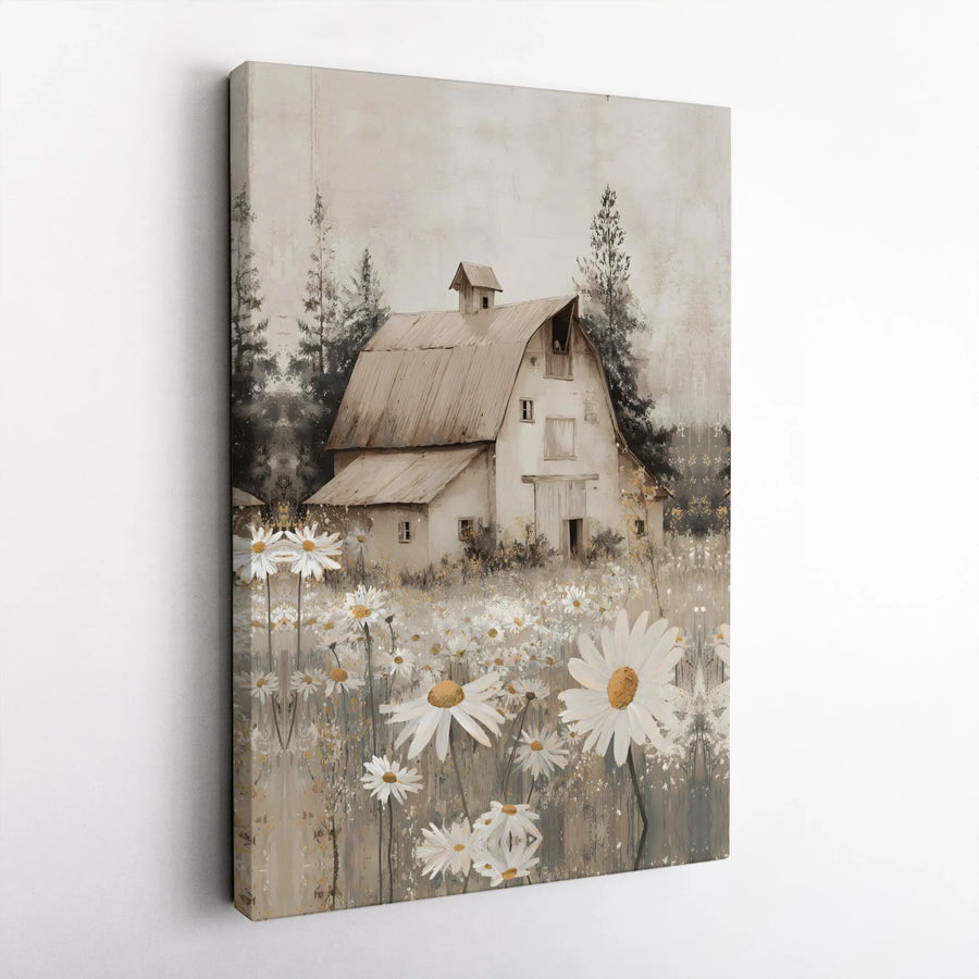Rustic Barn Canvas Wall Art | Daisy Field Country Landscape | Premium Gallery Wrapped Print | Farmhouse Kitchen Decor Gift