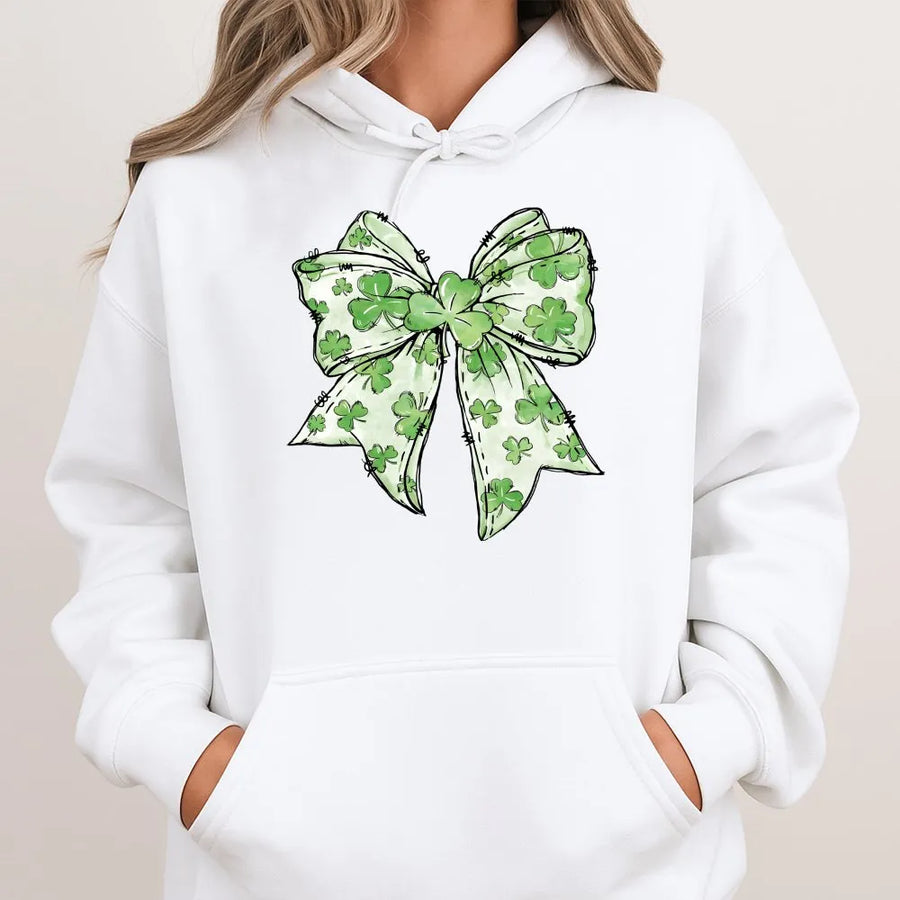 St Patricks Day Shamrock Bow Hoodie | Cute Irish Clover Ribbon Graphic | Premium Cotton Blend | Unisex Holiday Gift for Women and Men