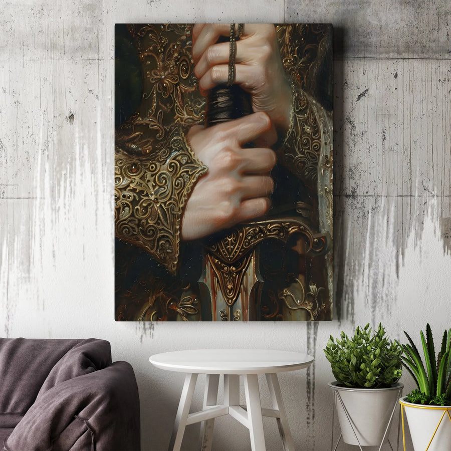Knight Sword Wall Art | Ornate Golden Armor Illustration | Premium Gallery Wrapped Canvas | Medieval Fantasy Home Decor Gift