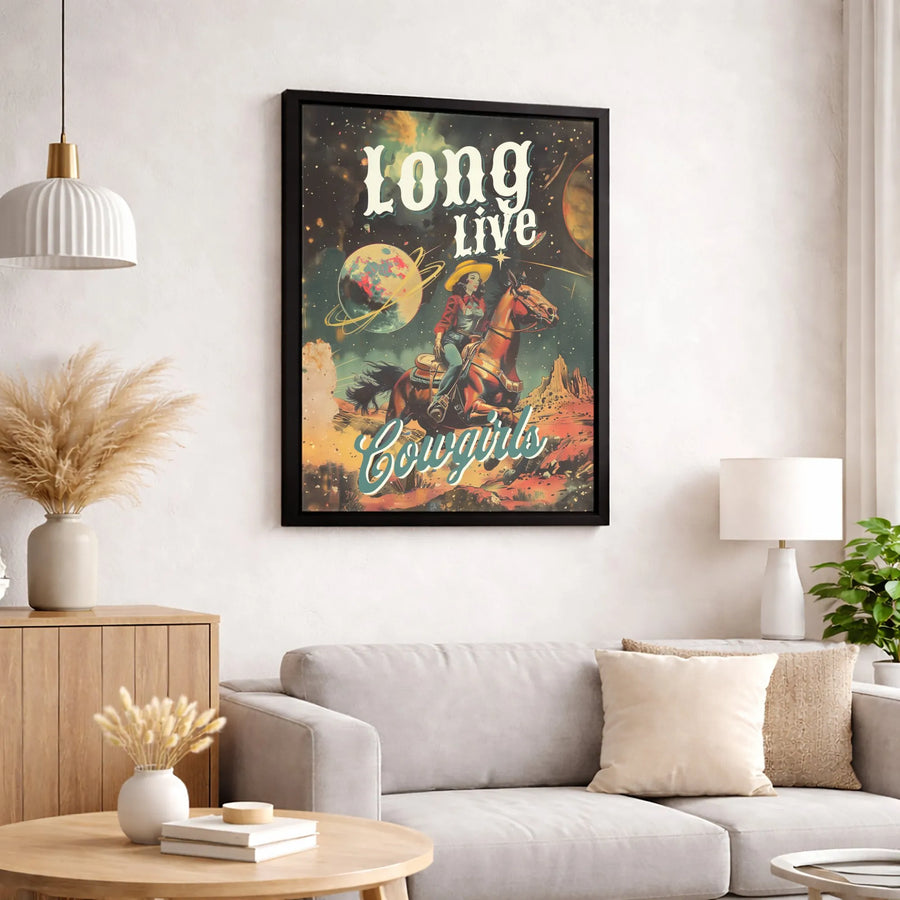 Long Live Cowgirls Wall Art | Retro Space Western Aesthetic Print | Premium Gallery Wrapped Canvas | Western Decor Gift for Cowgirl Lovers