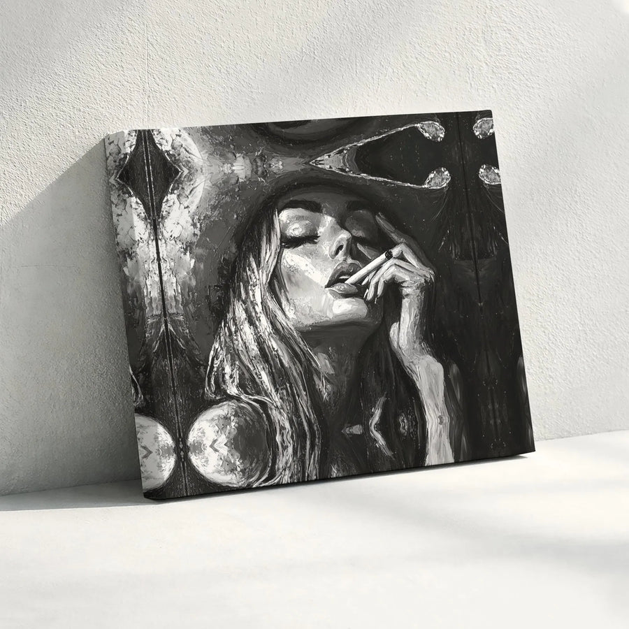 Woman Smoking Canvas Wall Art | Noir Fashion Portrait Print | Premium Gallery-Wrapped 1.25-Inch Profile | Edgy Sophisticated Home Decor Gift