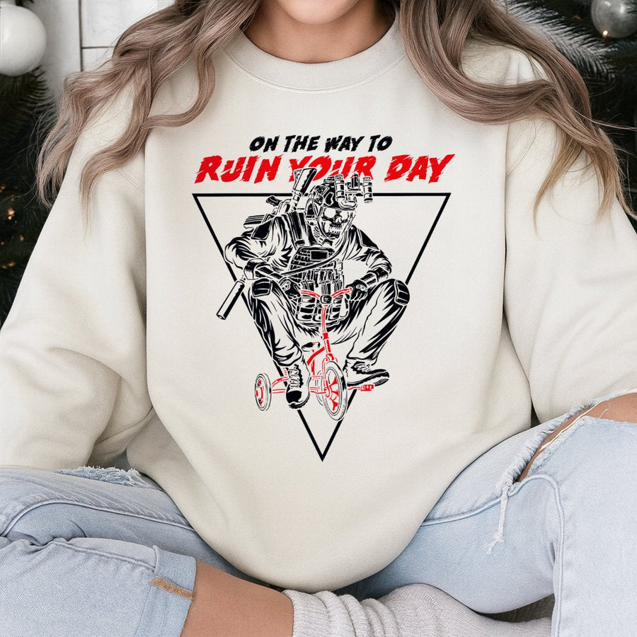Skull Tactical Operator Sweatshirt | On The Way To Ruin Your Day Graphic | Premium Cotton Blend | Gift For Veterans & Military Meme Fans