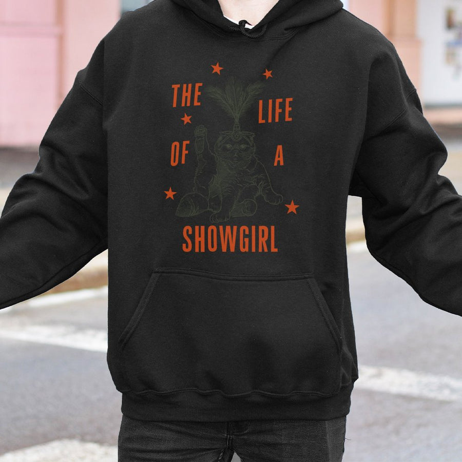 Showgirl Cat Graphic Hoodie | Funny Feather Hat Kitty Design | Premium Cotton-Blend Pullover | Unique Gift For Cat Lovers & Dancers
