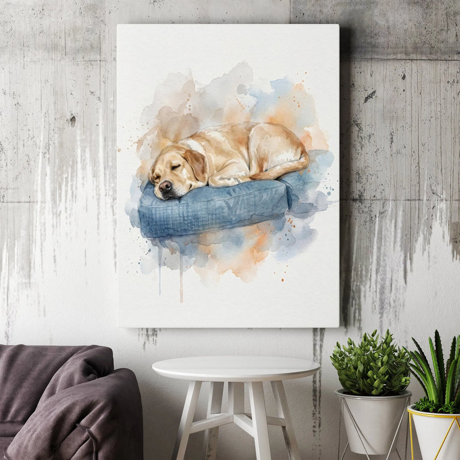 Yellow Labrador Retriever Canvas Wall Art | Watercolor Sleeping Dog Portrait | Premium Gallery Wrap Print | Dog Lover Home Decor Gift