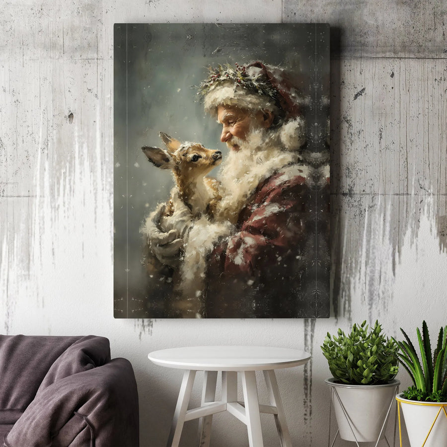 Santa Claus With Fawn Canvas Wall Art | Vintage Christmas Painting Style | Premium 1.25-Inch Gallery Wrap | Festive Holiday Home Decor Gift