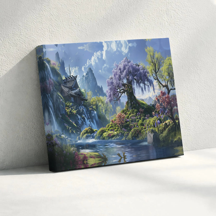 Japanese Garden Canvas Art | Wisteria Tree & Temple Waterfall | Premium Thick Gallery Wrap | Zen Meditation Room Decor Gift