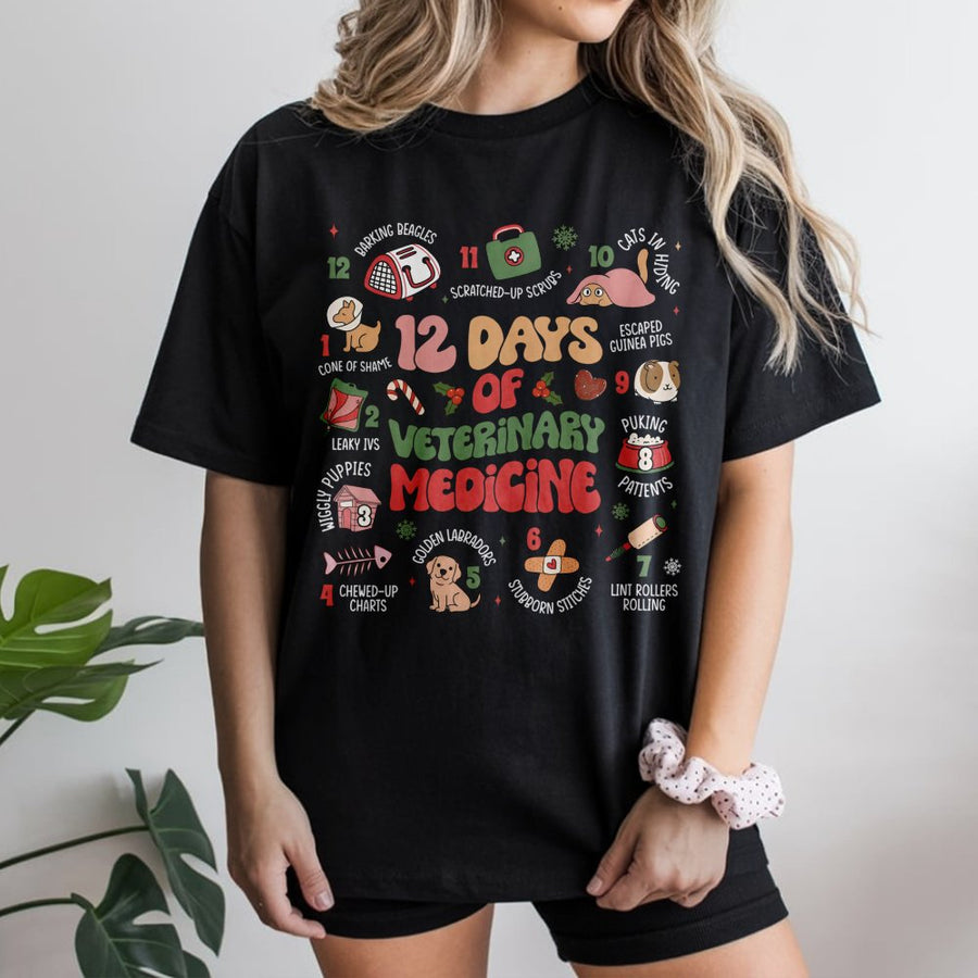 12 Days of Veterinary Medicine T-Shirt | Funny Vet Tech Christmas Graphic | Premium Cotton Unisex Tee | Gift for Veterinarian Staff