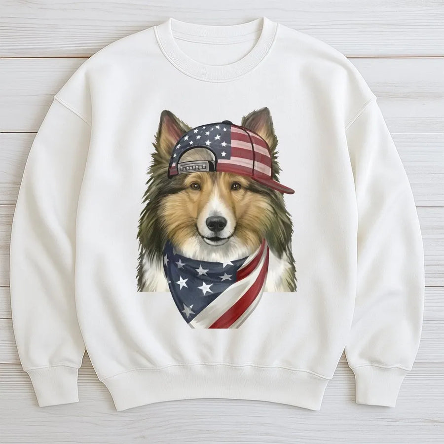 Patriotic Dog Sweatshirt | Herding Dog with American Flag Bandana | Premium Graphic Sweatshirt | 4th of July Gift for Dog Lover