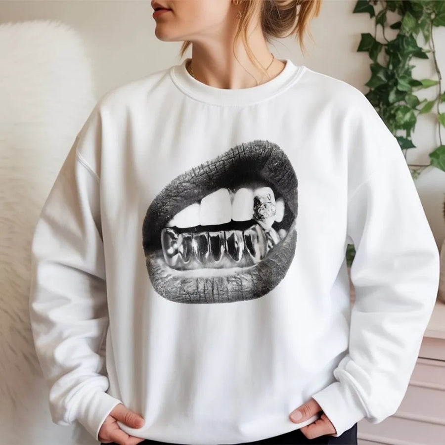 Y2k Grillz Lips Sweatshirt | Oversized Streetwear Graphic | Premium Cotton Blend | Unisex 90s Aesthetic Fashion Gift