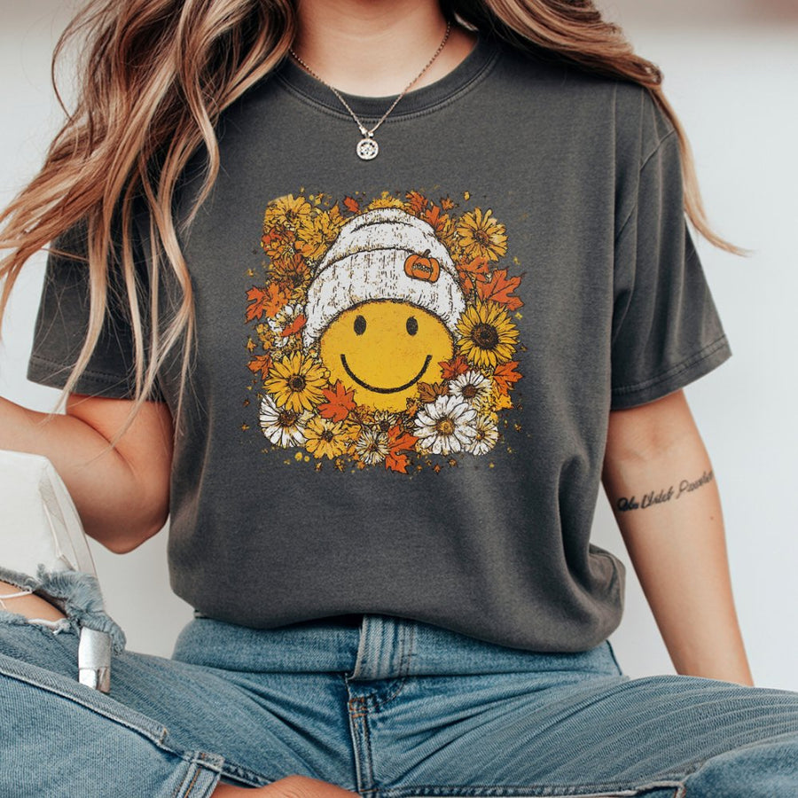 Fall Smiley Face T-Shirt | Retro Floral Beanie Graphic | 100% Cotton Premium Tee | Cozy Autumn Outfit Gift for Women