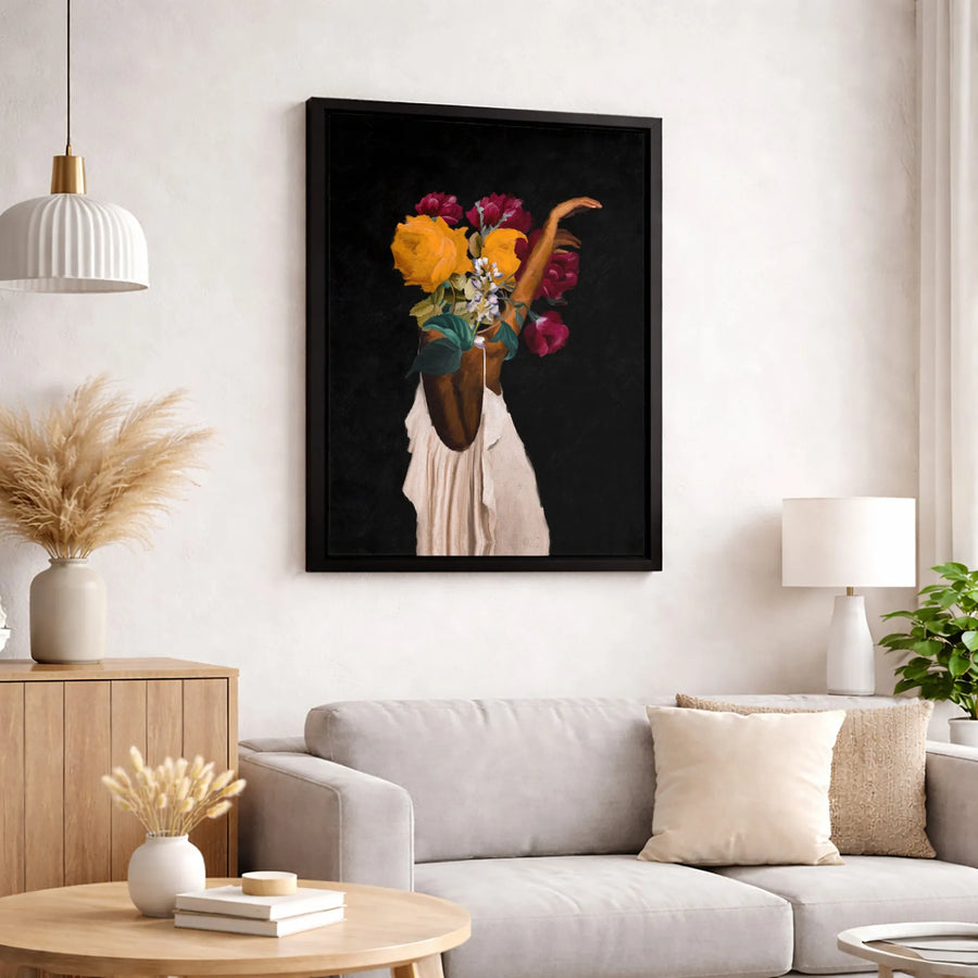 Black Woman Floral Art Canvas | Abstract Botanical Portrait Print | Premium Gallery Wrapped Wall Decor | Statement Gift for Her Home Office