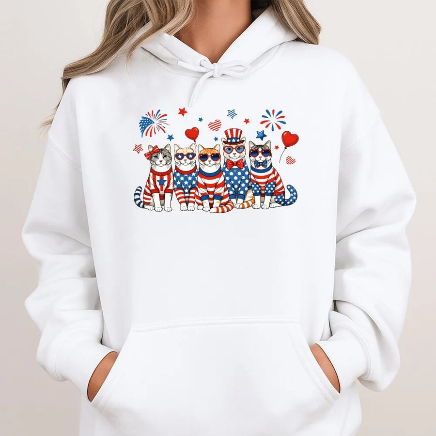 Patriotic Cat Hoodie | Funny American Flag Kittens Graphic | Soft Cotton Blend Crewneck | Fourth of July Gift for Cat Lover