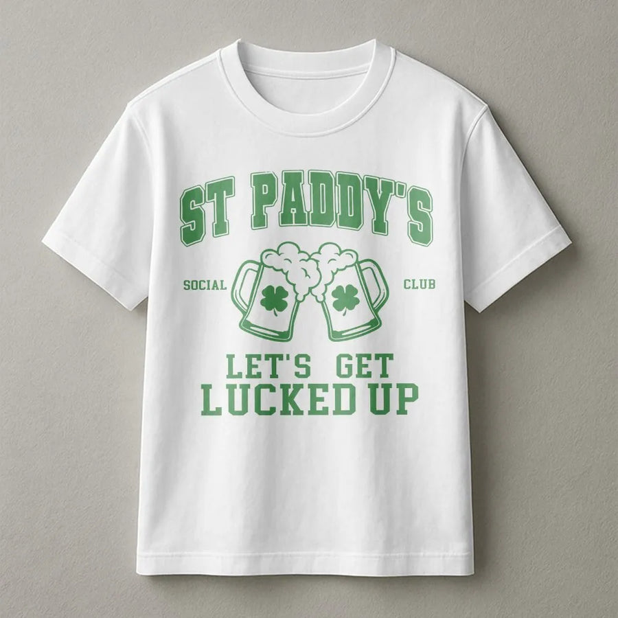 St Patrick's Day T-Shirt | Let's Get Lucked Up Beer Mug Graphic | 100% Soft Cotton Premium Tee | Funny Irish Drinking Shirt for Women & Men