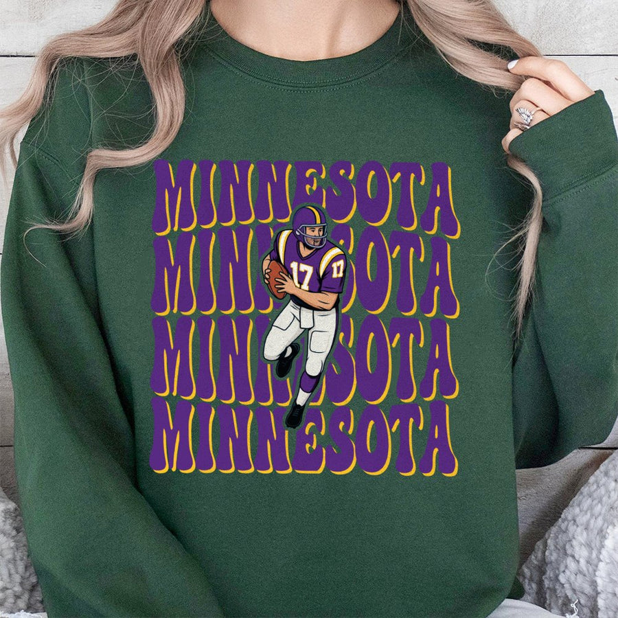 Minnesota Repeating Retro Text With A Minnesota Vikings Football Player Graphic Sweatshirt