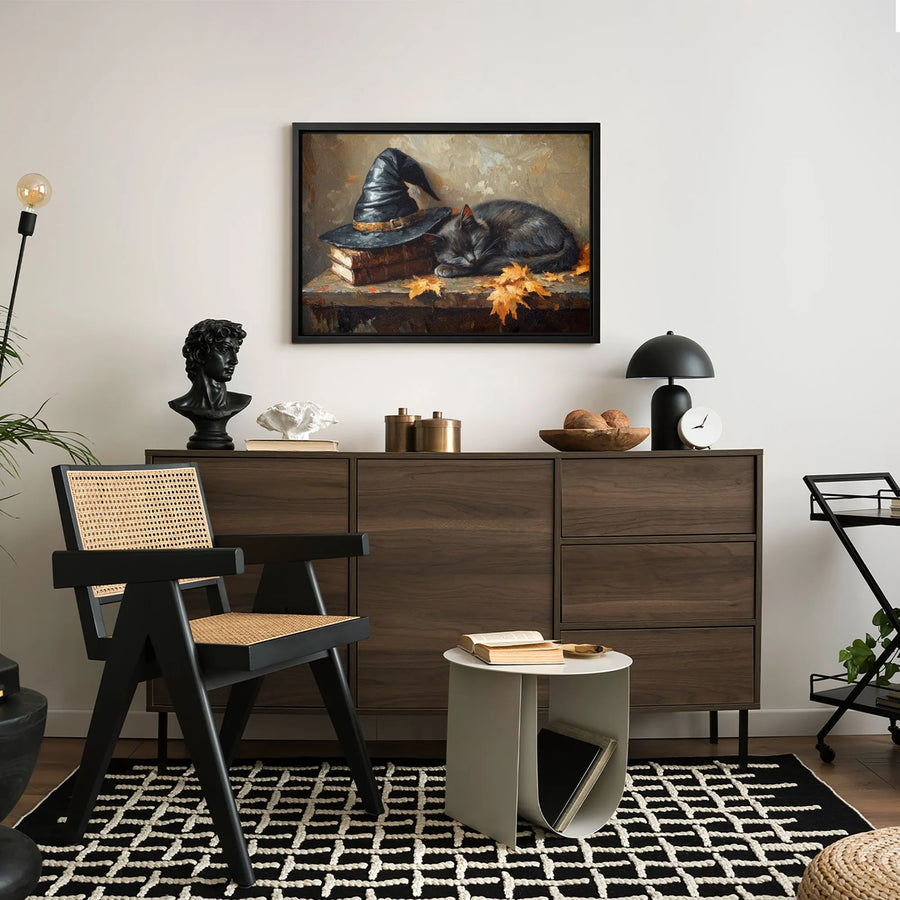 Black Cat Witch Hat Canvas Print | Cozy Autumn Wall Art | Premium 1.25" Gallery Wrap | Halloween Seasonal Decor Gift
