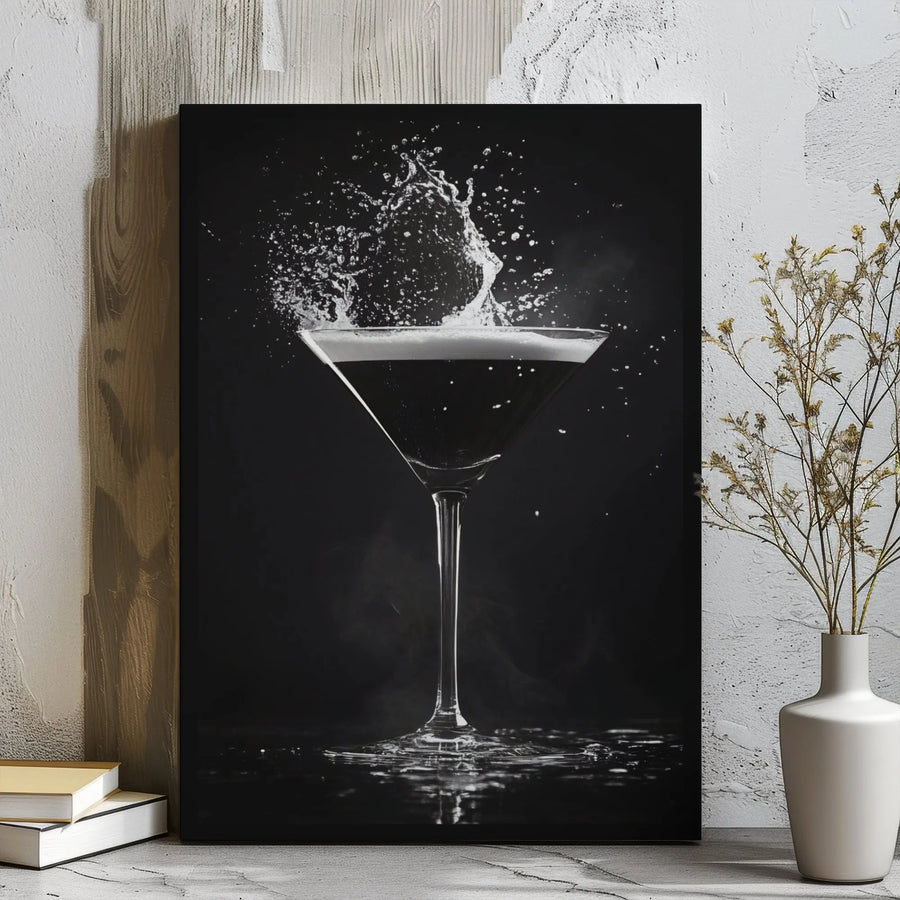 Martini Cocktail Canvas Wall Art | Black and White Splash Photography | Premium Gallery Wrap Print | Modern Kitchen and Home Bar Decor