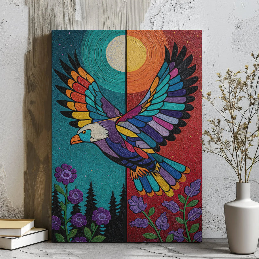 Abstract Eagle Canvas Wall Art | Colorful Day and Night Sun Moon Mosaic | Premium Gallery Wrapped Decor | Nature Lover Living Room Gift