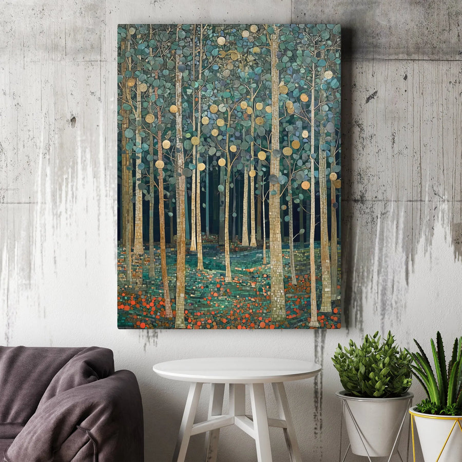 Forest Mosaic Wall Art | Art Nouveau Golden Tree Canvas | Premium Gallery Wrap Decor | Nature-Inspired Home Office Wall Hanging