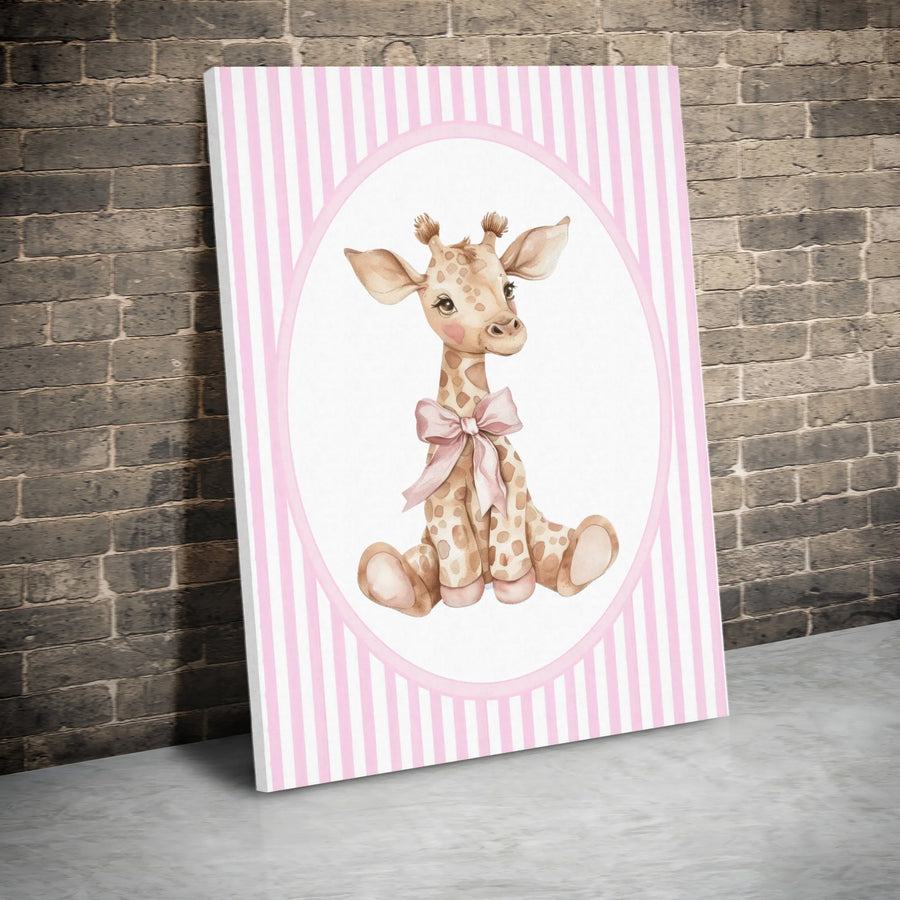 Baby Giraffe Wall Art | Watercolor Nursery Decor with Pink Bow | Premium Gallery Wrapped Canvas | Charming Gift for Newborns